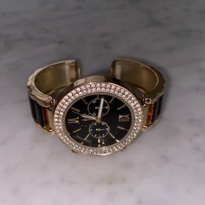 Women’s Black/Gold Clip-On Watch Studded